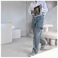 在飛比找momo購物網優惠-【Dition】韓國刀割破壞牛仔寬褲 高腰落地牛仔褲(刷破 
