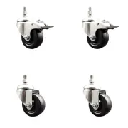 3 Inch 316SS Soft Rubber Swivel 3/8 Inch Threaded Stem Caster Set 2 Lock Brake