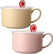 2 Pieces Ceramic Soup Bowls with Handles 30 oz Microwave Safe Bowl with Lid Microwavable Soup Mug with Lid Large Soup Cups for Ramen Noodle Cereal (Pink, Yellow)