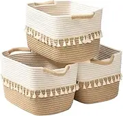 Woven Cotton Rope Storage Basket Set of 3 - Boho Fabric Bins for Organizing Clothes, Books, Plants, Pet Treats (White & Jute)