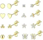 [Kakonia] 8 Pairs Sterling Silver Stud Earrings for Women, 14K Gold Plated Heart Flower Butterfly Tiny Stud Earrings Set for Multiple Piercing, Hypoallergenic Small Cubic Zirconia Studs Earrings, Dainty Earrings for Women