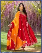 Women's Rayon Angrakha Printed Flared Ethnic Kurti With Pant & Chiffon Dupatta