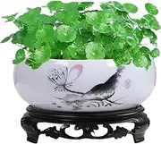 Lotus Planter with Base, Ceramic Water Lily Lotus Bowl Planter, Decorative Round Flowerpot Hydroponic Container for Garden, Balcony, Office, Bowl-