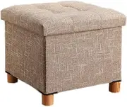 Folding Storage Ottoman Footstool, Locker Footrest Cushion Seat, Footstools and Ottomans Medium, Ottoman with Storage for Living Room with Tray(Color:Khaki)