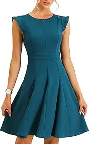 [Allegra K] Women's Evening Dress Ruffle Cap Sleeve Zip Front A-line Cocktail Dress