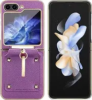 [JOJOBE] Leather Phone Case for Samsung Galaxy Z FLIP 6 5G Case, Simple Fashion Litchi Texture PU Leather Cover for Samsung Galaxy Z FLIP6 Slim Case with Ring Women Purple