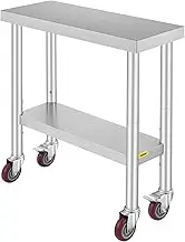 VEVOR Stainless Steel Work Table 30x12x34 Inch 3 Stage Adjustable Shelf with 4 Red Wheels Heavy Duty Commercial Food Prep Worktable with Brake