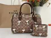 NWT Coach X Peanuts CBM33 &CBN32 Rowan Satchel Bag & Wallet with Snoopy Print