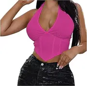 [Lmdudan] Women Deep V Neck Halter Tie Back Sleeveless Backless Cami Crop Top Fashion Solid Color Bra Tank Tops Cropped Tees
