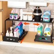 Extendable Under Sink Organizer, 2 Tier Pull Out Under Cabinet Organizer Shel...