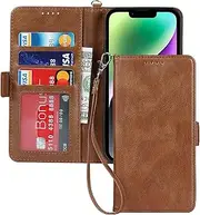 Cavor PU Leather Wallet for iPhone 14 Back Case Flip Folio Cover with Kickstand Card Slots Holder Wrist Strap Lanyard Magnetic Closure RFID Blocking Shockproof Protective Phone Case-Brown
