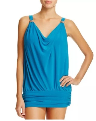 Miraclesuit Teal Blue Solid Luxe Ruched Tankini Top Swim Draped Underwire 10 NEW