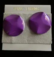 VINTAGE RETRO PURPLE 80s LARGE DISC METALLIC WAVY STUDDED FASHION EARRINGS