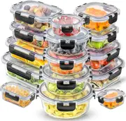 15 Pack Glass Food Storage Containers with Lids - Airtight, Leakproof Meal Prep Containers - 3 Sizes (15 pcs, Black)