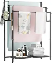 Mondazie 44” Tall Free Standing Towel Racks with 6 Hooks for Bathroom, 3 Tiers Oversized Pool Bath Towels Drying Stand, Metal Blanket Ladder Holder with Storage Shelf for Bedroom Living Room, Black