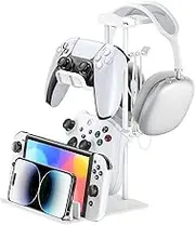KDD Headphone Stand, Game Controller Holder & Headset Holder for Desk, Earphone Stand with Aluminum Supporting Bar, Universal Storage Organizer Headphones/Controller/Switch/iPad/Mobile Phone(White)