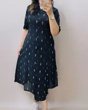 Women's Girls Two Piece Ready To Wear Soft Cotton Black Color Kurti Pant Set