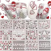 12Sheets Christmas Nail Art Stickers Christmas Water Transfer Nail Decal Red Candy Cane Stripes Santa Claus Christmas Tree Elk White Snowflake Nail Design for Actylic Nail Happy New Year Manicure Tip