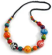 [Avalaya] Multicoloured Wood Beaded Necklace, Black Cotton Cord - 66cm Long, cords Wood
