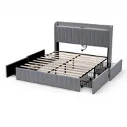 Advwin Bed Frame Queen Size with 4 Storage Drawers & Charging Station Grey