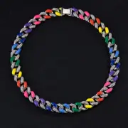 Rapper Necklace Rainbow Rhinestones Bracelet Mens Cuban Link Chain Hip Hop