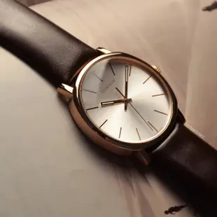 【Calvin Klein 凱文克萊】ck 玫瑰金殼 簡約白面 深咖啡色皮革錶帶 女錶 手錶 母親節(K8Q316G6)