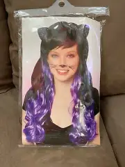 CAT WIG SHIMMERING EARS BLACK/PURPLE FLOWING HAIR HOWLING FUN!!