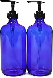 Vivaplex, 2, Large, 16 oz, Empty, Cobalt Blue Glass Bottles with Black Lotion Pumps