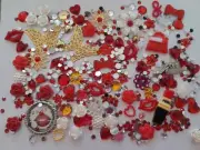 Red Flatbacks Gems Pearls Rhinestones Kawaii Random Craft Set Cell Badge Reel