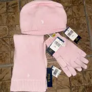 Ralph Lauren Polo Pink Winter Hat Scarf Glove Set Women 3 Piece L/XL cotton NWT