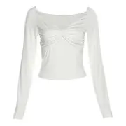 Long Sleeve Off Shoulder Plain See-Through Crop Top White - S
