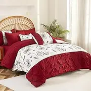 EVENHUG Queen Comforter Set 8 Pieces Bed in A Bag Red Premium Comforters Queen Size Bed Set Pintuck Pinch Pleat Complete Bedding Sets with Comforter, Flat Sheet, Fitted Sheet and Pillowcases & Shams