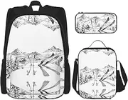 [StOlmx] 3 Pcs Set Backpack,Waterproof Bookbag, Insulated Lunch Bag & Pencil Case Pouch, Travel,Hiking,Skate Boards Print, Skiing Theme, One Size