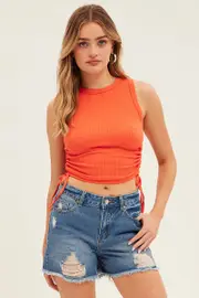 Orange Ruched Tank Top Crew Neck Seamless - Size XS, Women's Tank