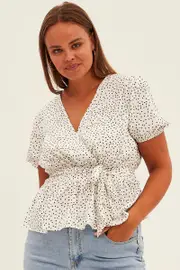 Print Workwear Top Short Sleeve Wrap Peplum