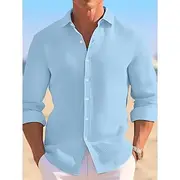 Men's Shirt Waffle Shirt Summer Shirt Casual Shirt Button Up Shirt Untucked Shirts Black White khaki Light Blue Long Sleeve Plain Lapel Vacation Daily Clothing