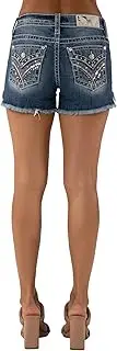 [Miss Me] Women's Americana Cross Stitch Embellished Faux Flap Pockets Mid-Rise Shorts
