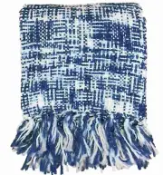 Chunky Knit Woven Blue & White Throw Blanket With Silver Accents Soft & Cozy