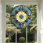 Round 22in Green Blue Victorian Stained Glass Suncatcher Hanging Window Panel