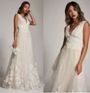 NWT TADASHI SHOJI Jaslyn Bodice V-Neck Sleeveless Ball Gown Dress Ivory Petal 00