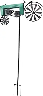 Stake Tractor Wind Spinner, Premium Iron Yard Decoration with Hammered Wheel Spokes, Vintage Tractor WindmillIron Wheels Wind Spinner for Flower Bed Lawn Garden Outdoor (Green)