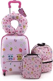 [Baby Joy] Kid's Luggage Set, 5-Piece Suitcase Set w/ 16" Carry-on Hardside Spinner Toddler Luggage, 13" Backpack, Neck Pillow, Insulated Lunch Bag, Luggage Tag, Kids Travel Rolling Luggage (Owl)