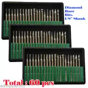 60 Pcs Diamond Burr Bits For Power Chicago Rotary Tool 1/8" Shank w/ Box Tip