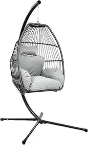 Gardeon Outdoor Egg Swing Chair Rattan Grey Garden Bench Hanging Seat, Patio Baconly Furniture Chairs, with Cushions Stand Wicker Basket Foldable Water Resistant 150kg Capacity