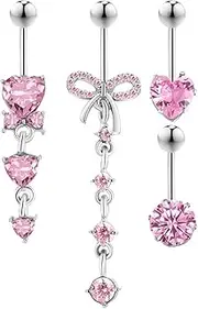[Taouzi] Cute Pink Heart Belly Rings Dangle Belly Button Ring for Women 316L Stainless Steel Belly Button Piercing Pack with Heart Bow Butterfly Flower Elements 14G