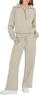 [Caracilia] Women Two Piece Outfits Sweatsuit Set Quarter Zip Oversized Sweatshirt Wide Leg Sweatpant Fall Lounge Set Tracksuit
