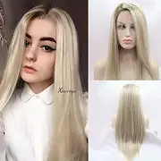 Xiweiya Lace Wig Ombre Light Blonde Hair with Light Blonde Brown Roots Long Silky Straight Synthetic Side Part Glueless Half Hand Tied Lace Front Wigs Heat Resistant Hair for Women Daily Wear 24"