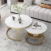 Nesting Coffee Tables Creative Nesting Coffee Table 2 Set, Modern Round Stacking Side Table Sofa Table With Storage Shelf And Sturdy Metal Frame For Small Space, Living Room(Gold Frame+Snow Mountain W