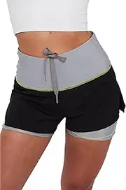 [Sam Caan] Womens Running 2 in 1 Shorts Gym Shorts for Ladies Yoga Short Workout Jogging Fitness Elastic Quick Dry Sports Drawstring with Back Pocket