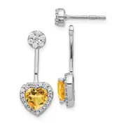 14k White Gold Real Diamond/Heart Citrine Front/Back Earrings